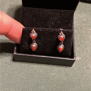 Elegant Silver and Red carnelian Drop Earrings vintage